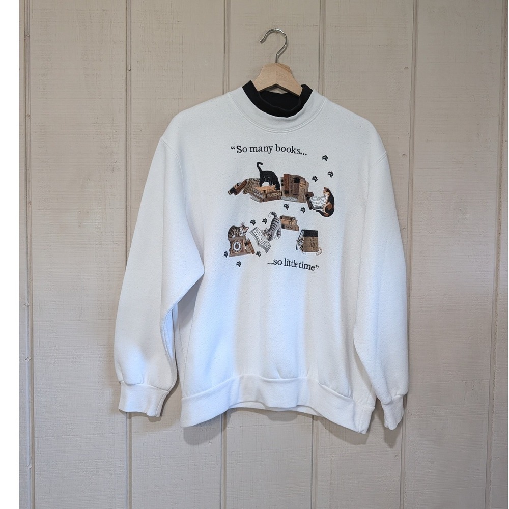 Vintage Cat Book Sweatshirt White Mock Neck Embroidered Large Petite
